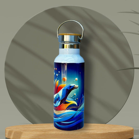 Botella agua acero fondo oliva leon marino