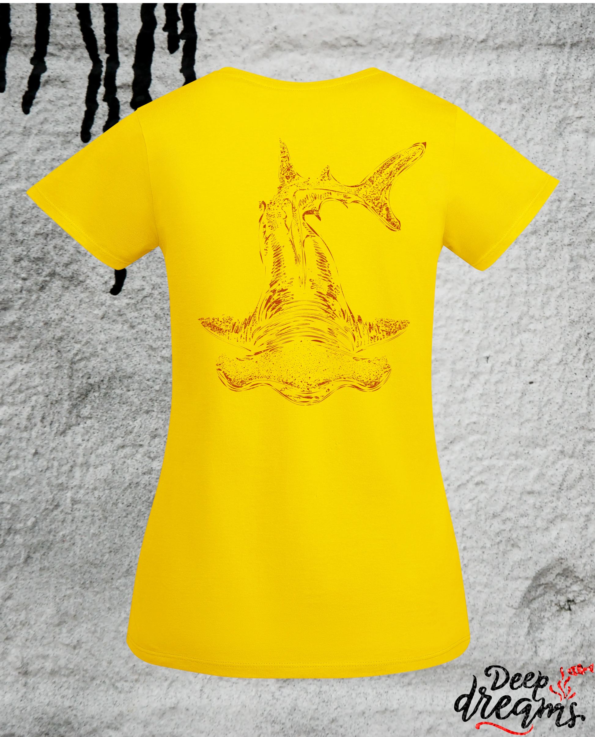 Camiseta para mujer de algodón orgánico tiburón martillo amarillo