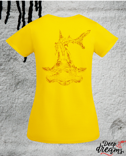 Camiseta para mujer de algodón orgánico tiburón martillo amarillo