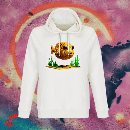 sudadera blanca con capucha pez globo