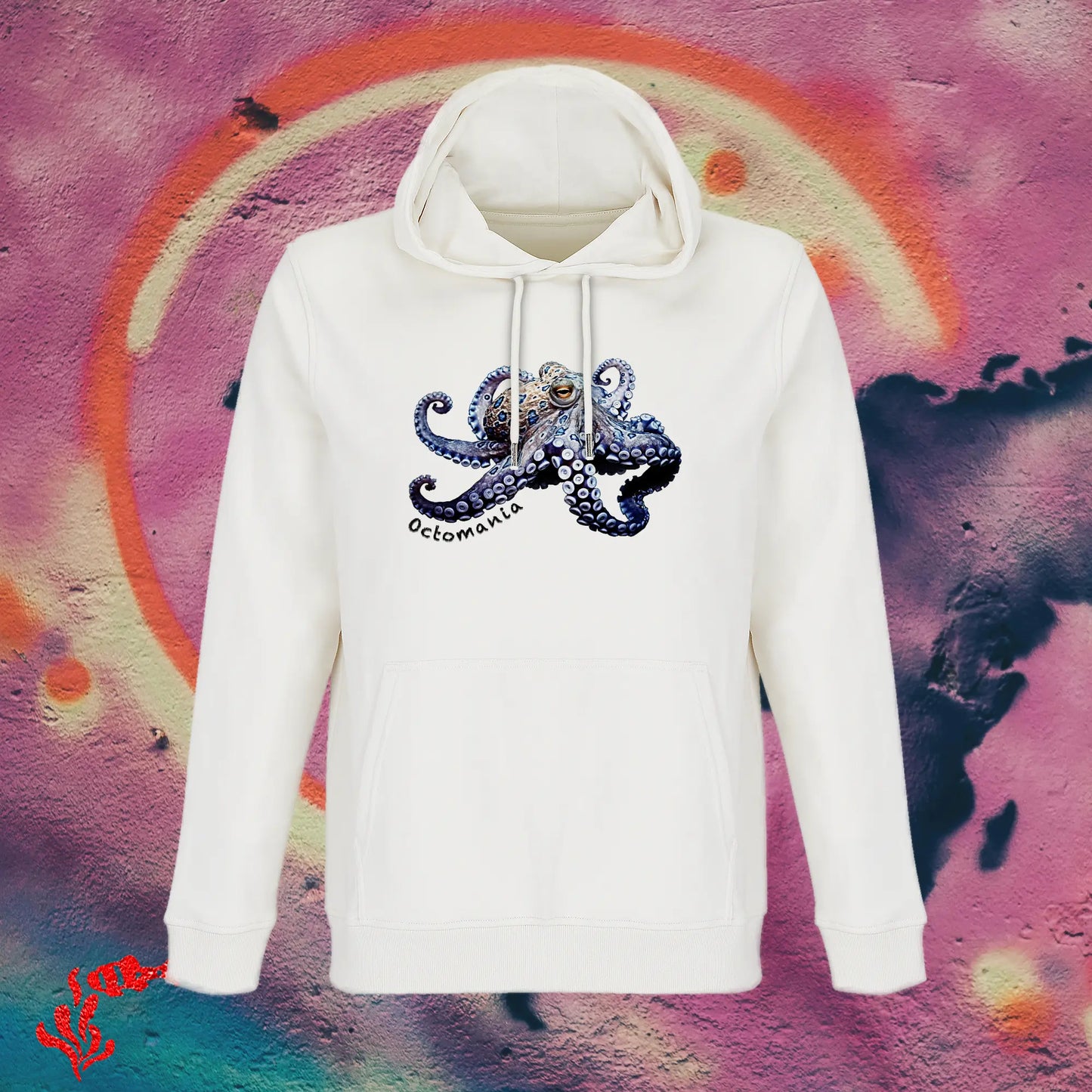 Sudadera con capucha hombre pulpo anillos azules blanca