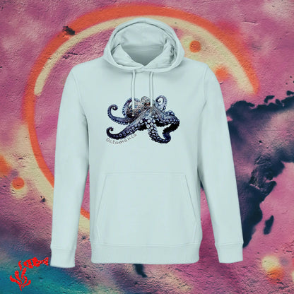 Sudadera con capucha hombre pulpo anillos azules celeste