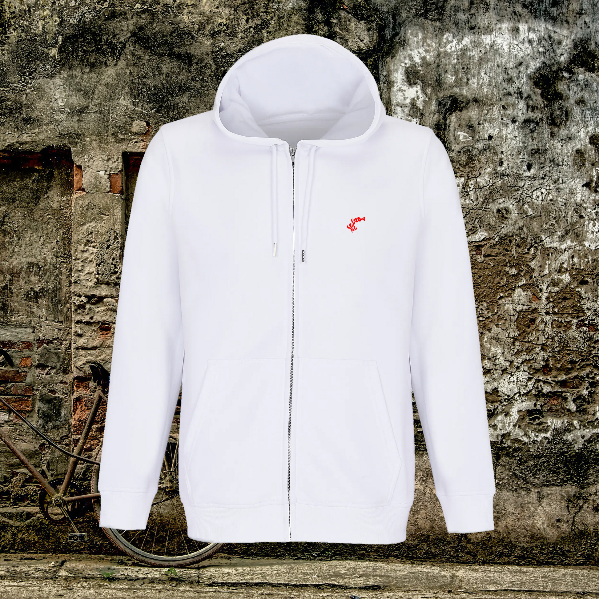 Sudadera blanca con capucha y cremallera