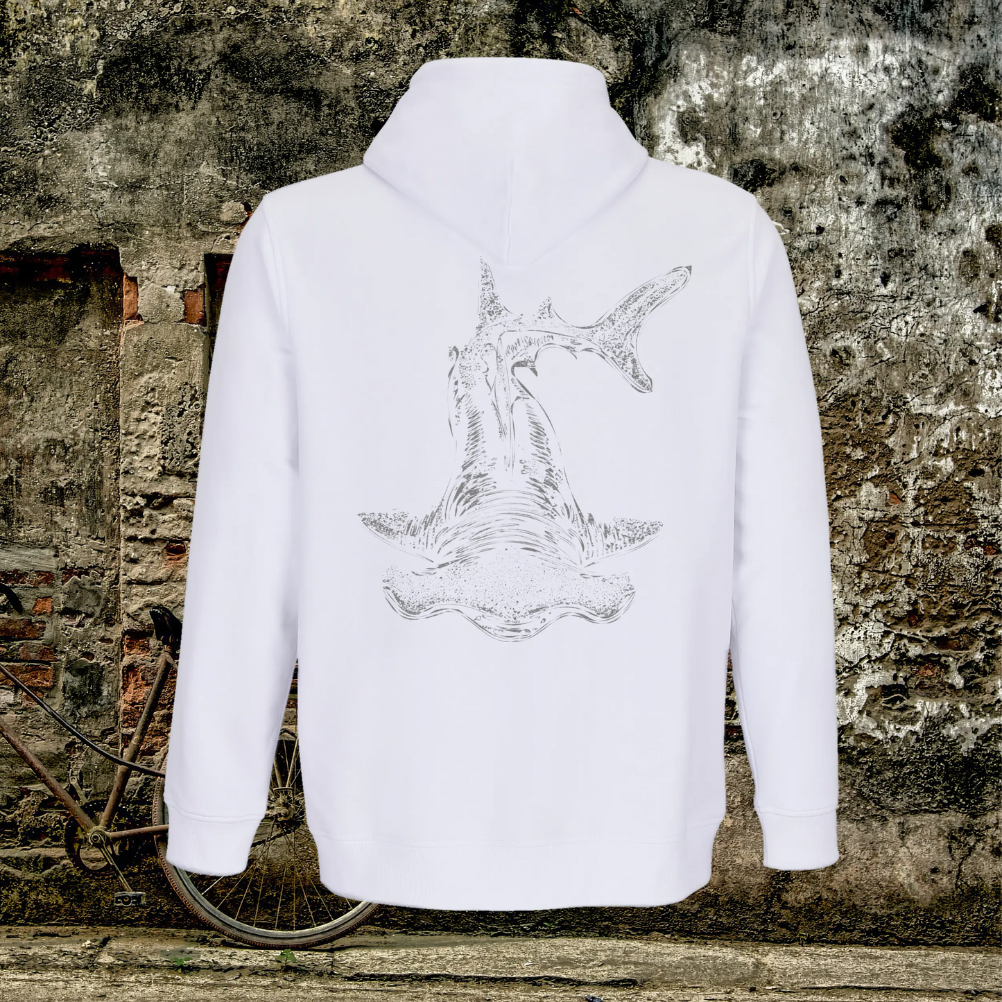 Sudadera blanca con capucha y cremallera tiburon martillo