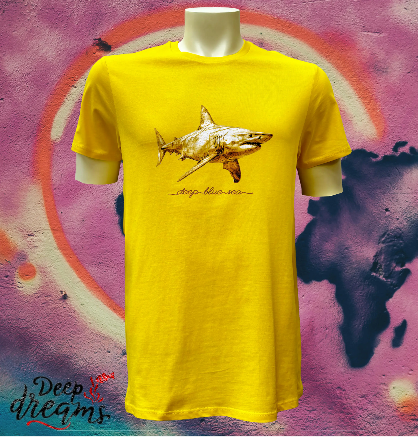 camiseta hombre algodon organico tiburon amarillo