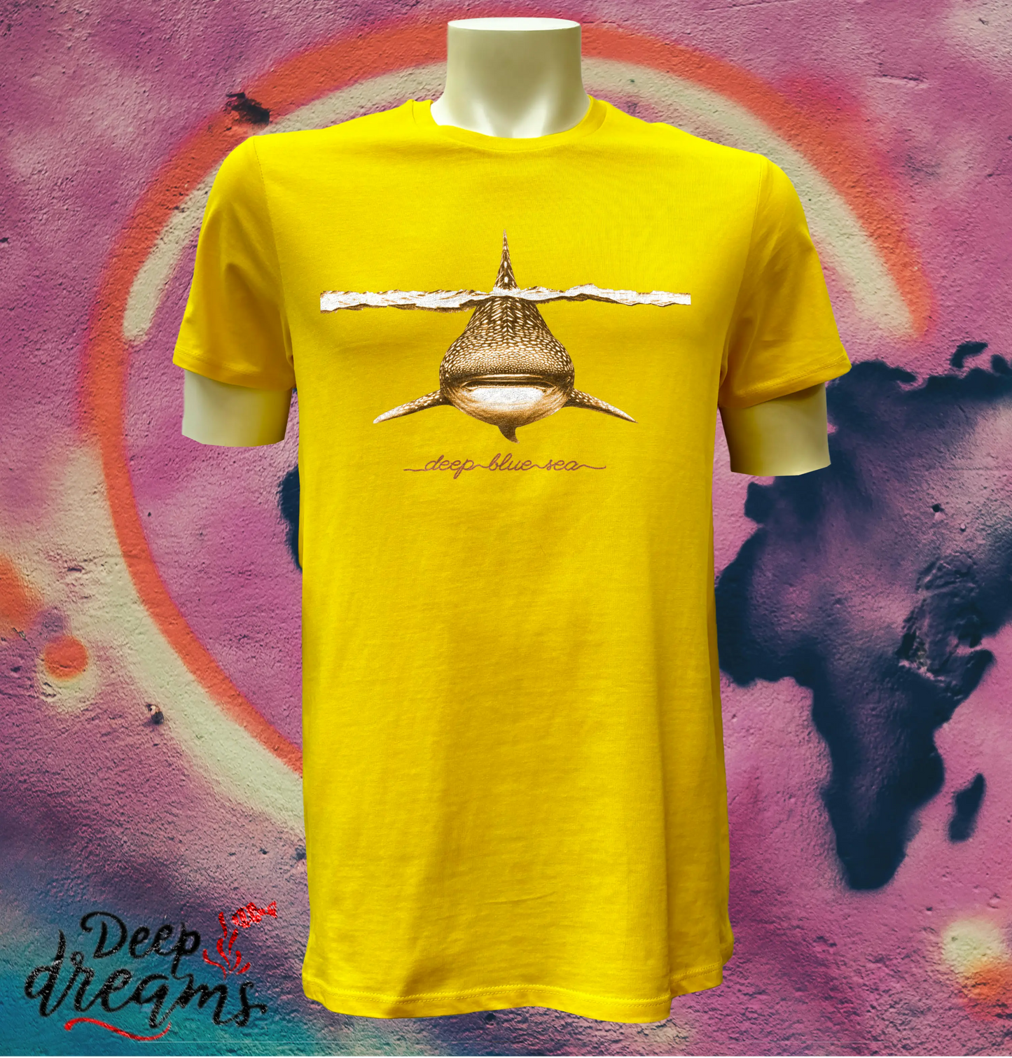 camiseta hombre algodon organico tiburon ballena amarillo