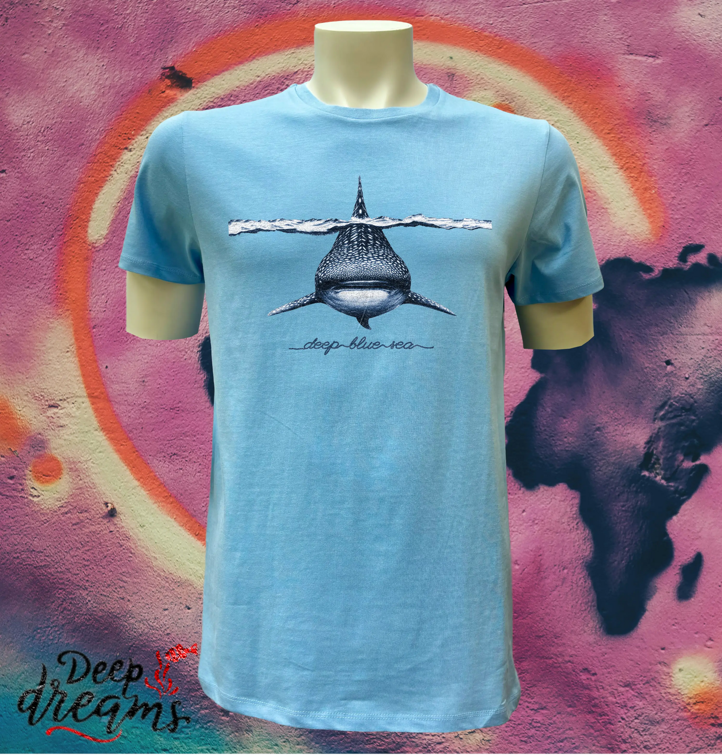 camiseta hombre algodon organico tiburon ballena celeste