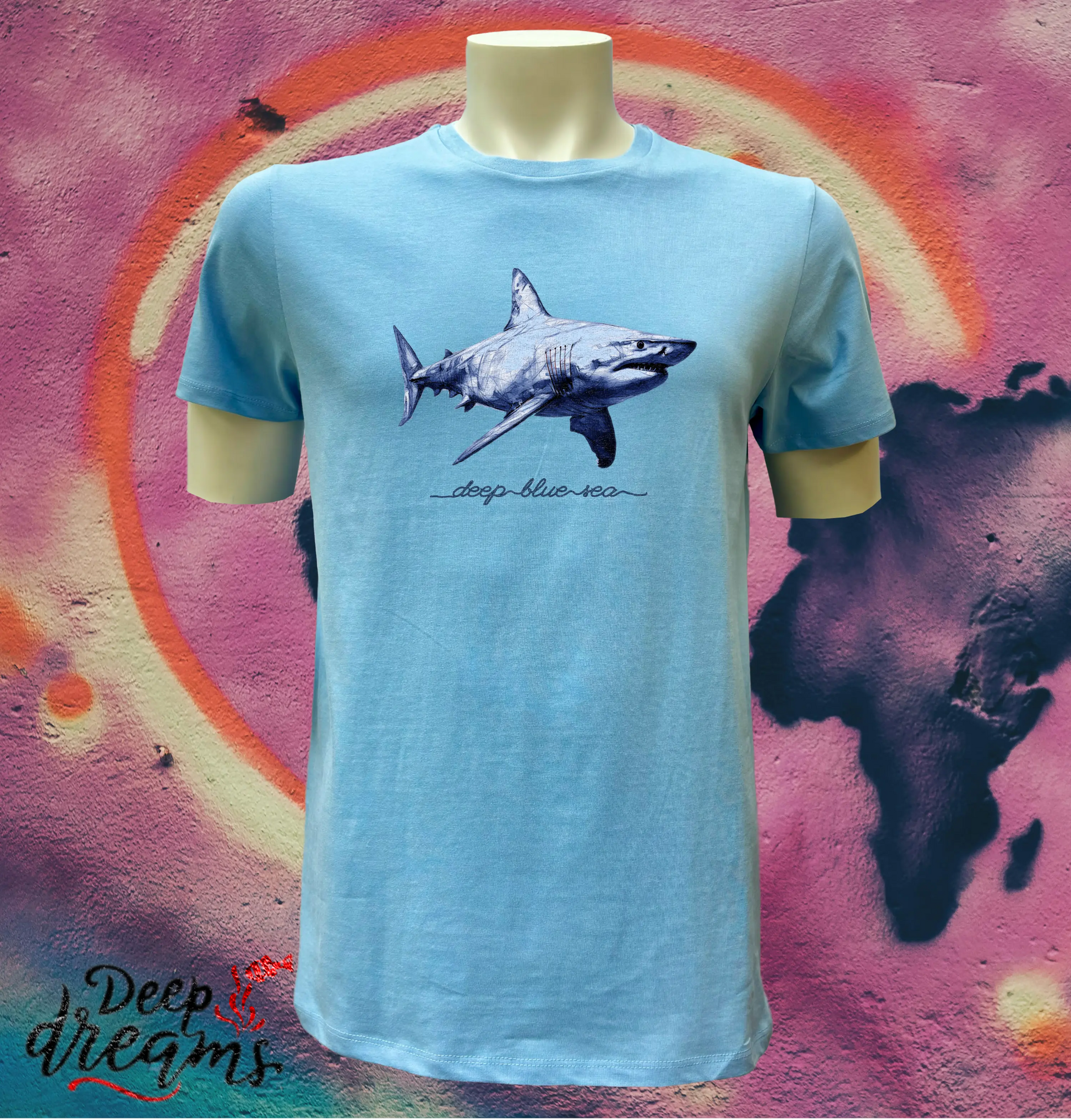 camiseta hombre algodon organico tiburon celeste