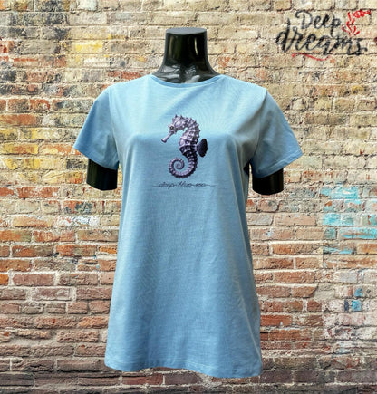 camiseta mujer algodon organico caballito celeste