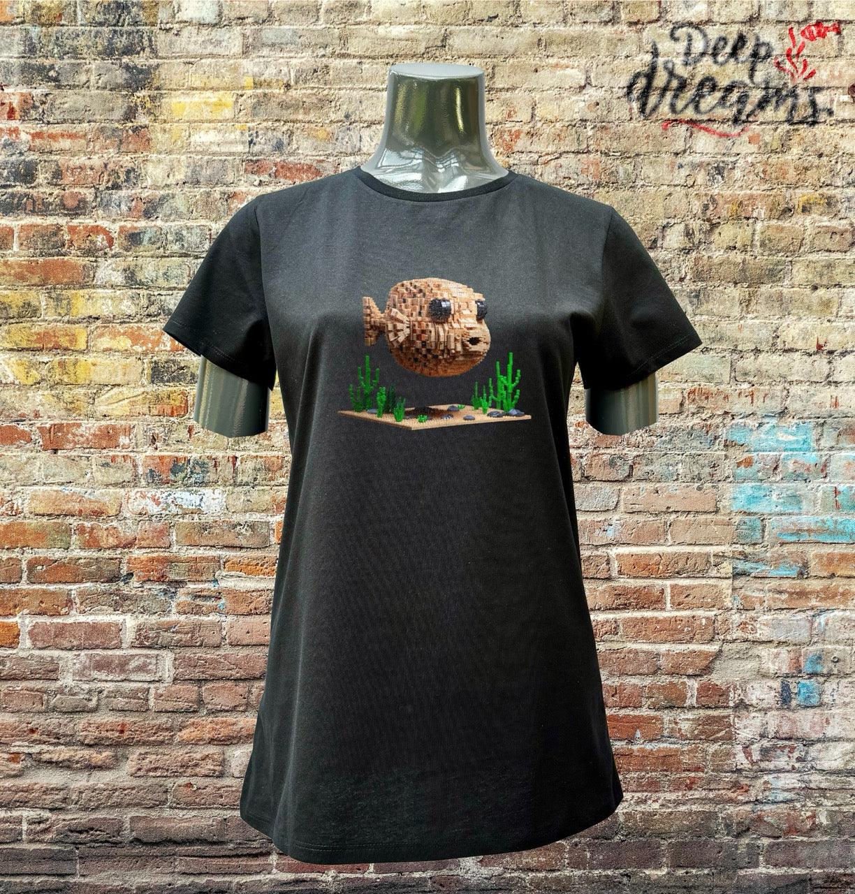 camiseta mujer algodon organico pez globo negra