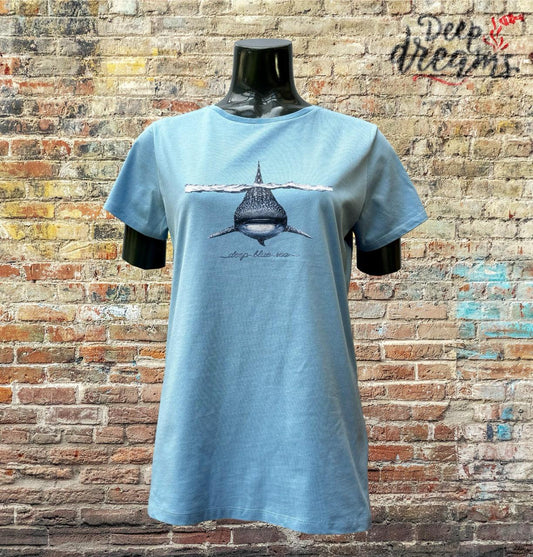 camiseta mujer algodon organico tiburon ballena celeste