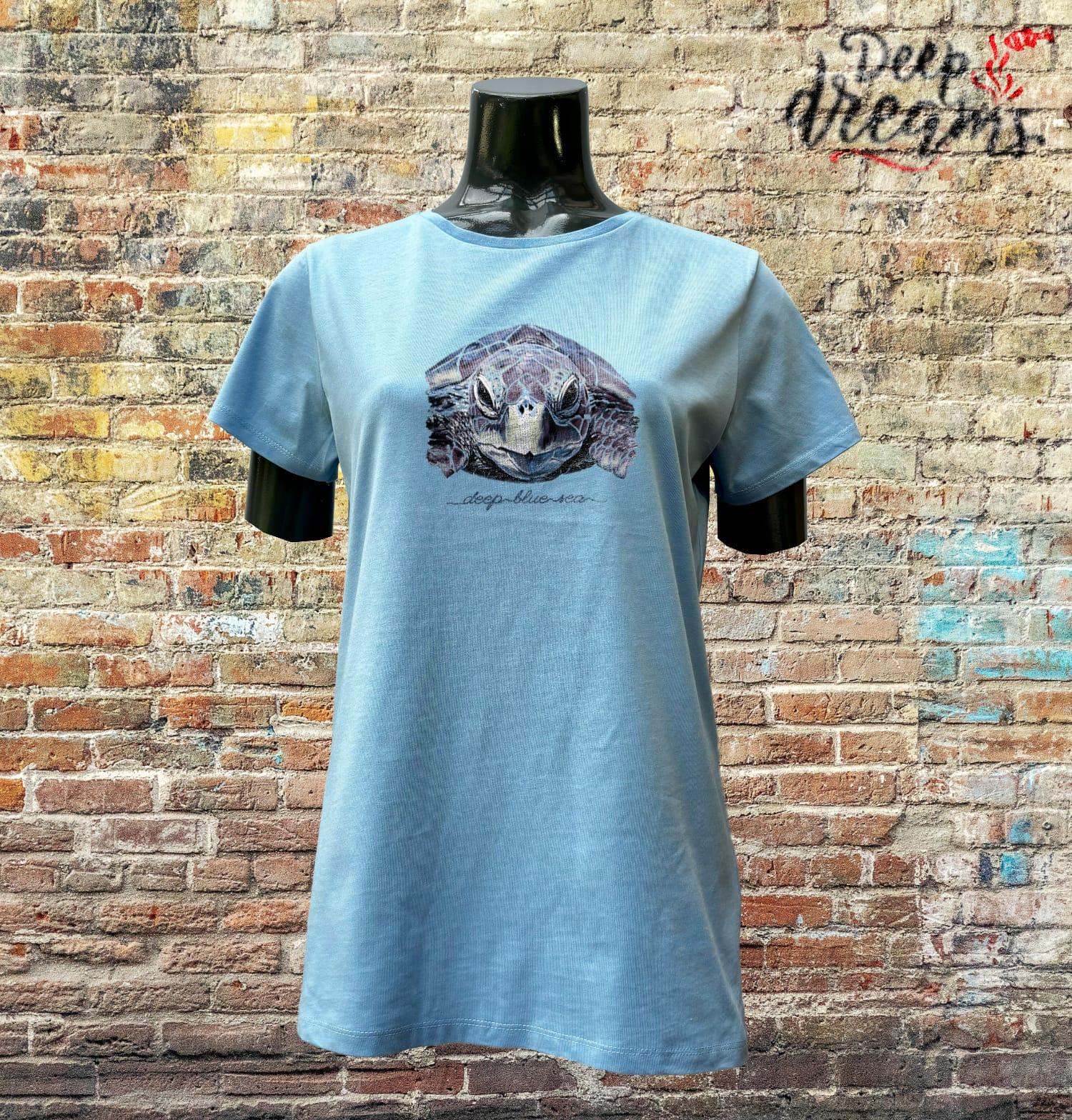 camiseta mujer algodon organico tortuga celeste