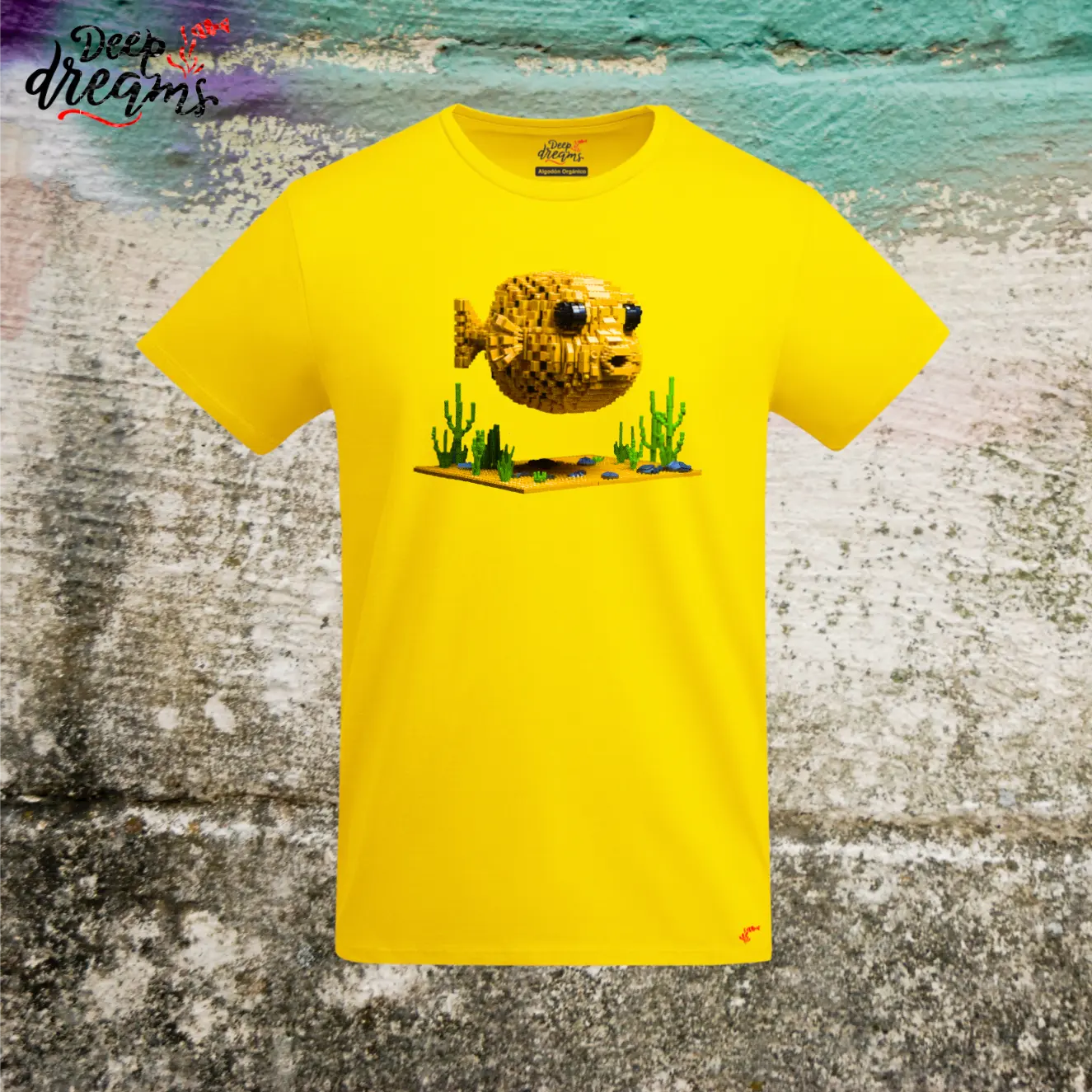 camiseta hombre original pez globo amarilla