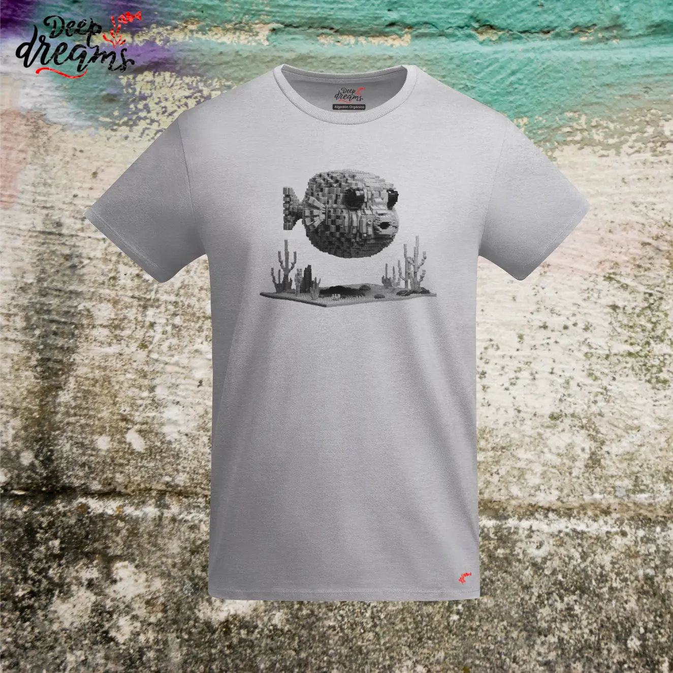 camiseta hombre original pez globo gris