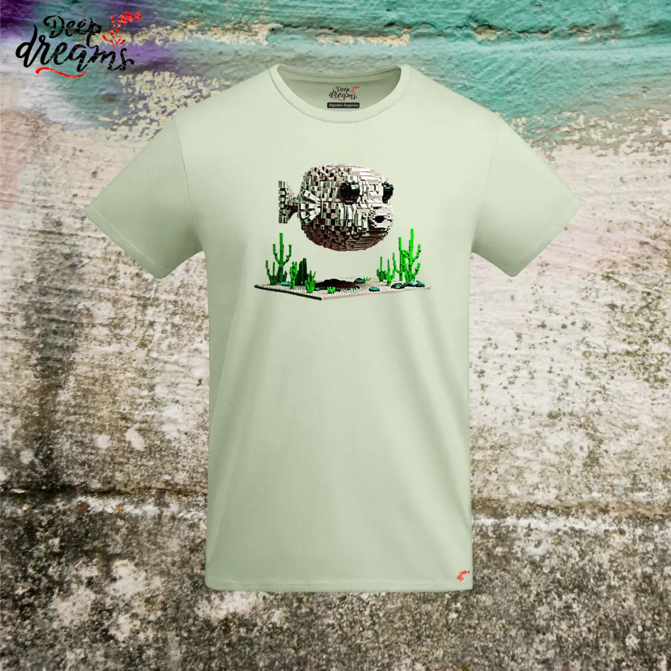 camiseta hombre original pez globo manzana