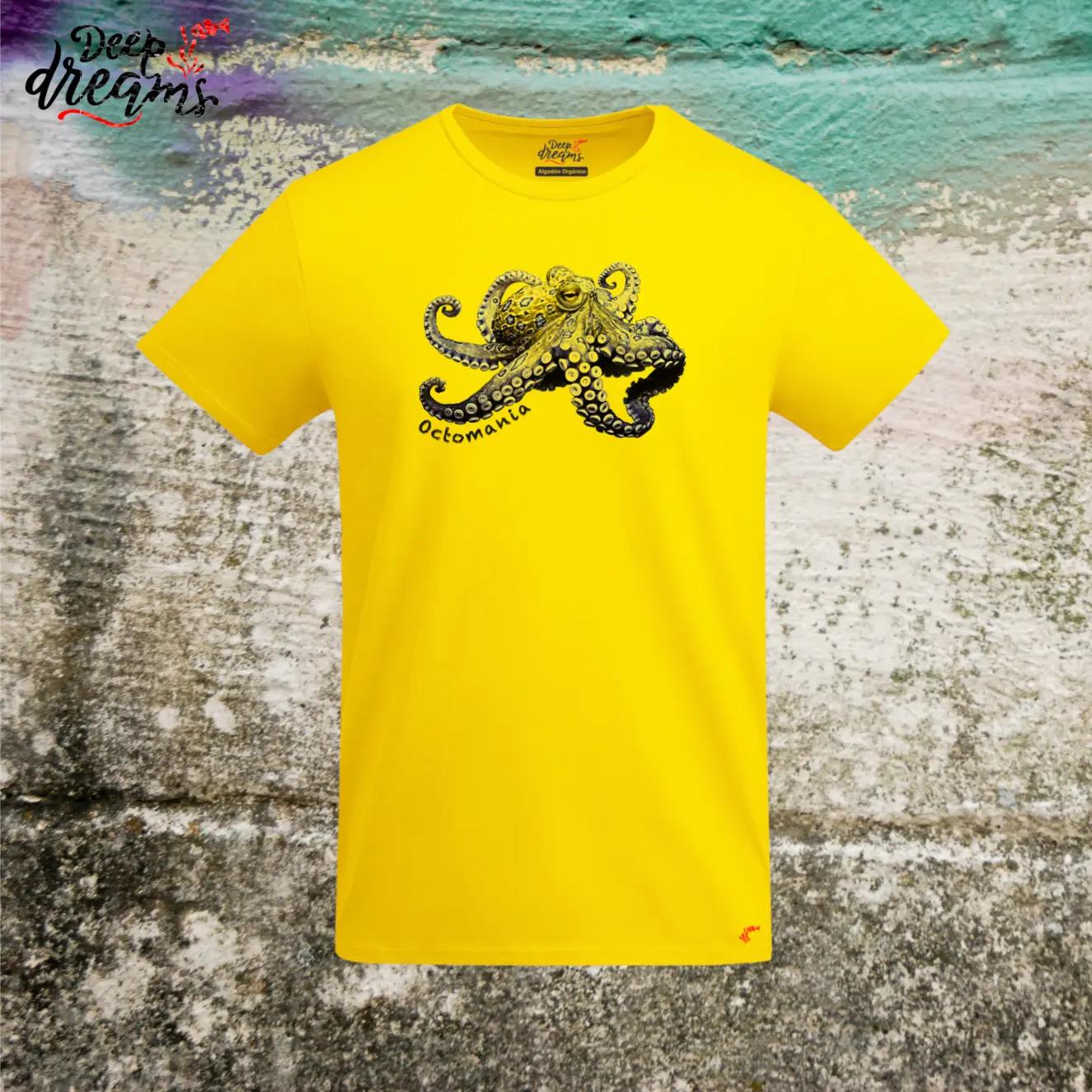 camiseta hombre original pulpo anillos azules amarillo