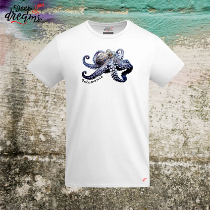 camiseta hombre original pulpo anillos azules blanca