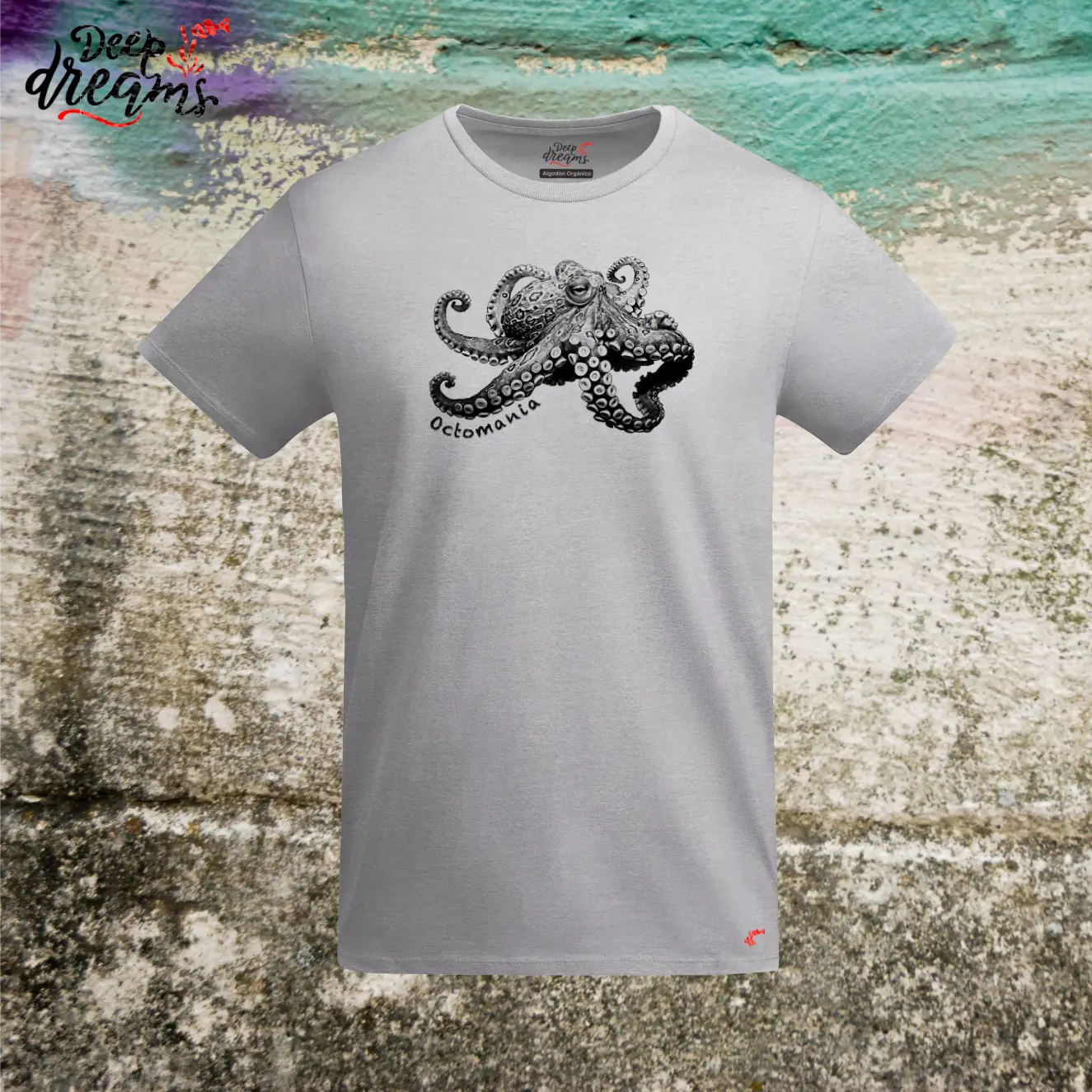 camiseta hombre original pulpo anillos azules gris