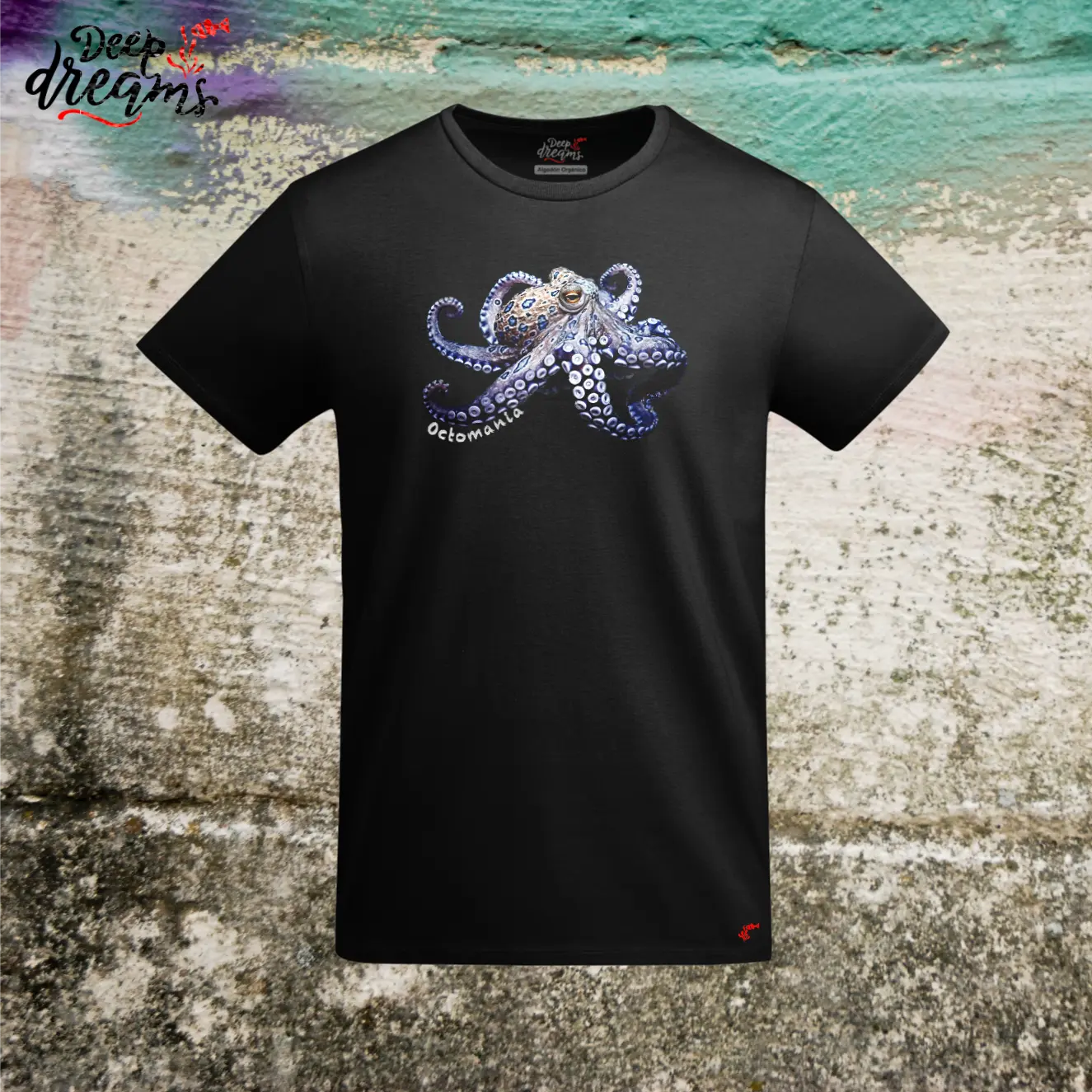 camiseta hombre original pulpo anillos azules negra